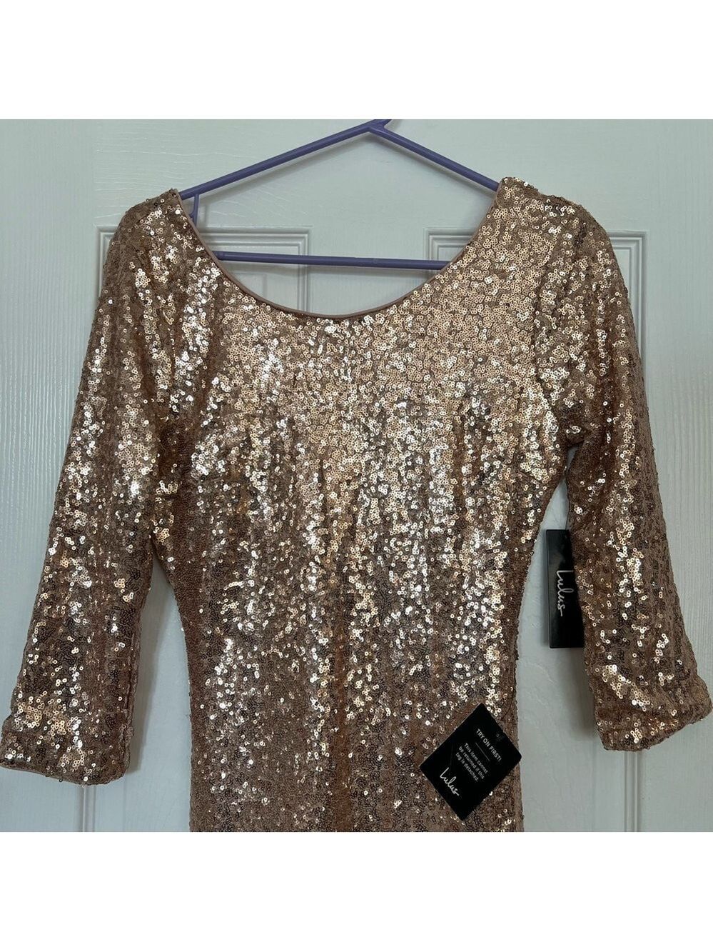NWT Lulu's Delightful Ways Champagne Gold Sequin Dress Mini Prom Homecoming Club - Picture 3 of 15